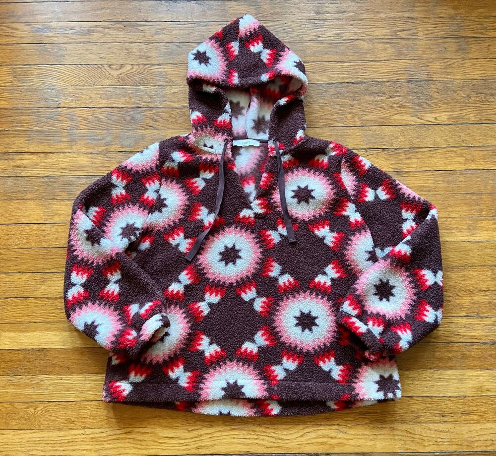 LOFT Brown w/Multicolor Starbursts Sherpa Hoodie sz XL